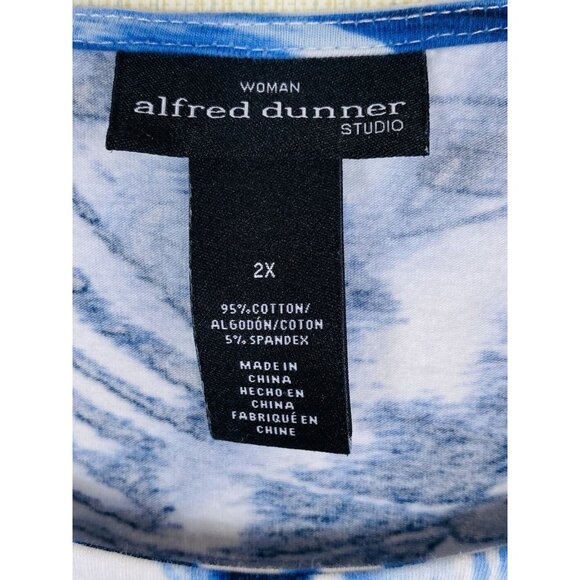 Alfred Dunner Size 2X Blue and White Abstract Floral Print Stretch Top 3/4 Slv - Picture 4 of 4